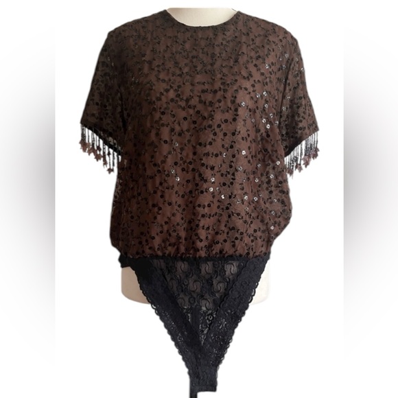 Tops - Sequin Beaded Sequin Chocolate Brown Bodysuit Medium Fringe Fall Holiday USA
